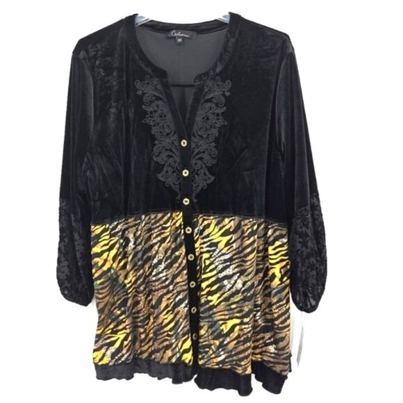 Calessa Button Up Down Tunic Top Womens Size 2X Embroidered Black Velvet Lagum - Picture 2 of 7